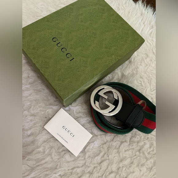 Gucci Other - Gucci Green & Red Web Stripe Belt with Black Leather and Silver GG Buckle
